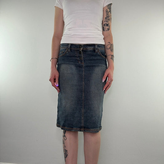 Y2K low rise faded denim midi skirt