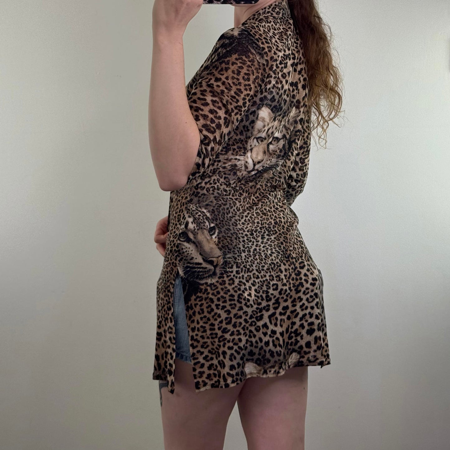 Y2K vintage mesh leopard print button up half sleeve cardigan long length v neck