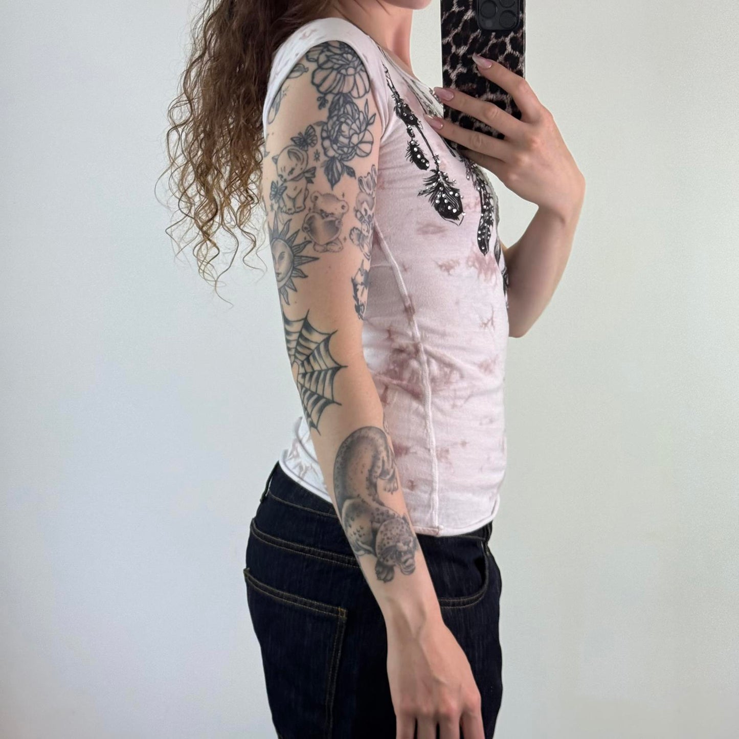 Y2K vintage feather rhinestone tie dye open neck top off the shoulder 2010s