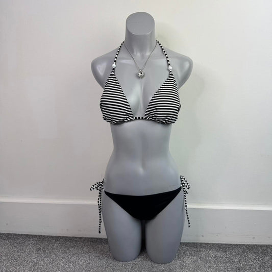 Y2K vintage halter neck stripe matching bikini set monochrome black/ white