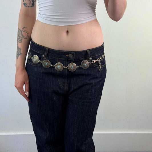 Y2K vintage disc circle metal belt silver blue chain boho