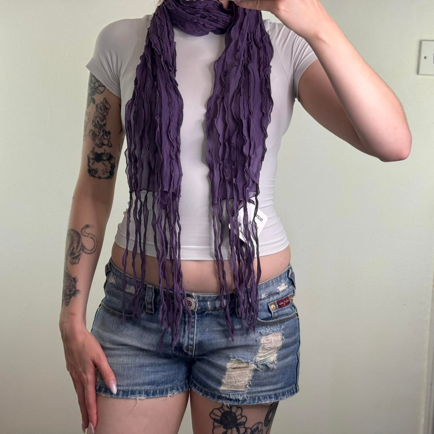 Y2K vintage sheer purple scarf tassel fringe