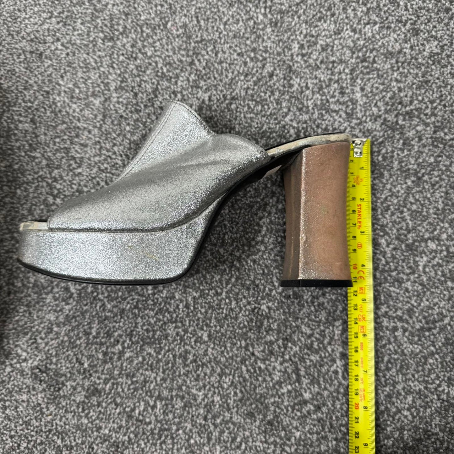 Y2K vintage Metro chunky platform heels silver metallic peep toe mules