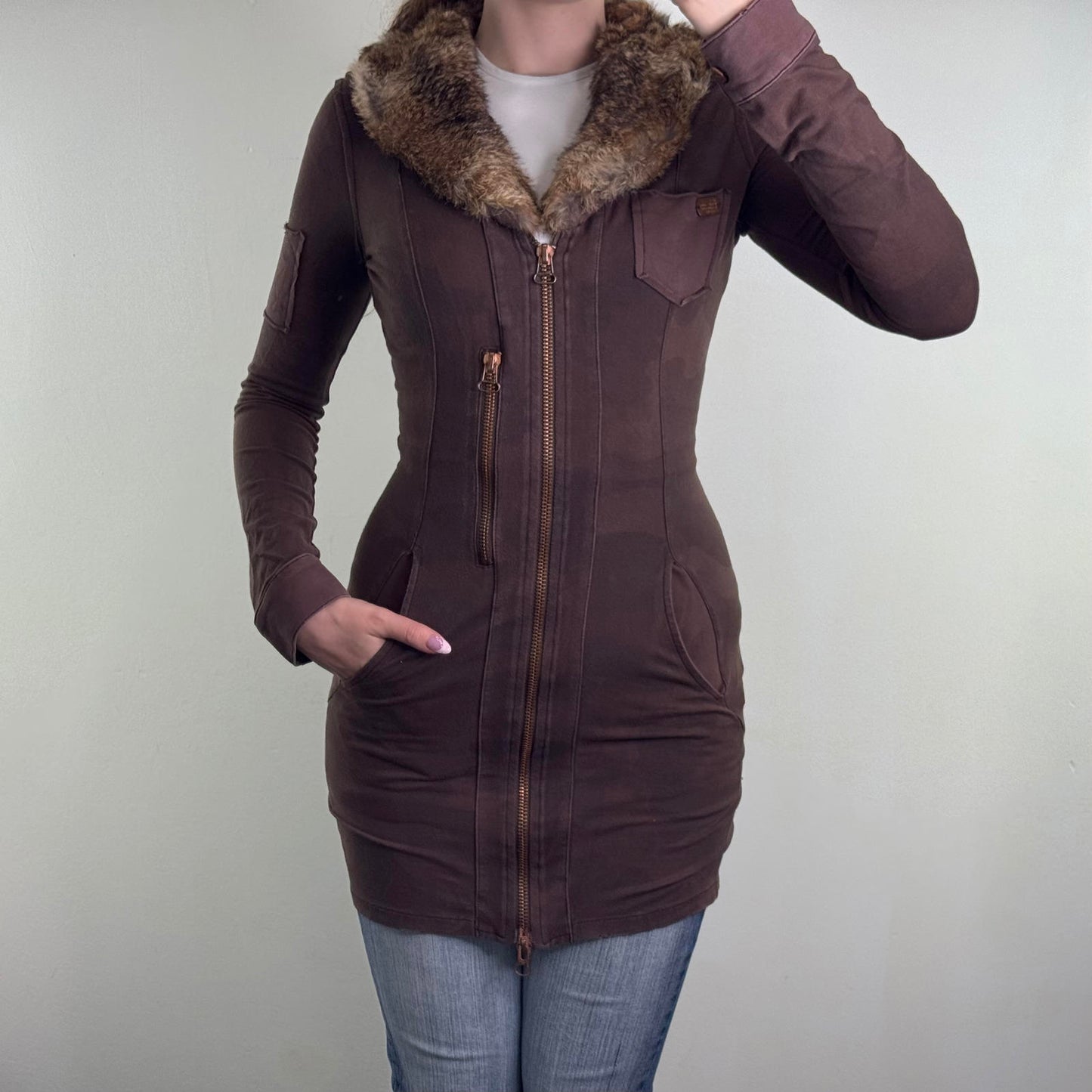 Y2K vintage genuine lapin rabbit fur fitted zip up hoodie camo print archive