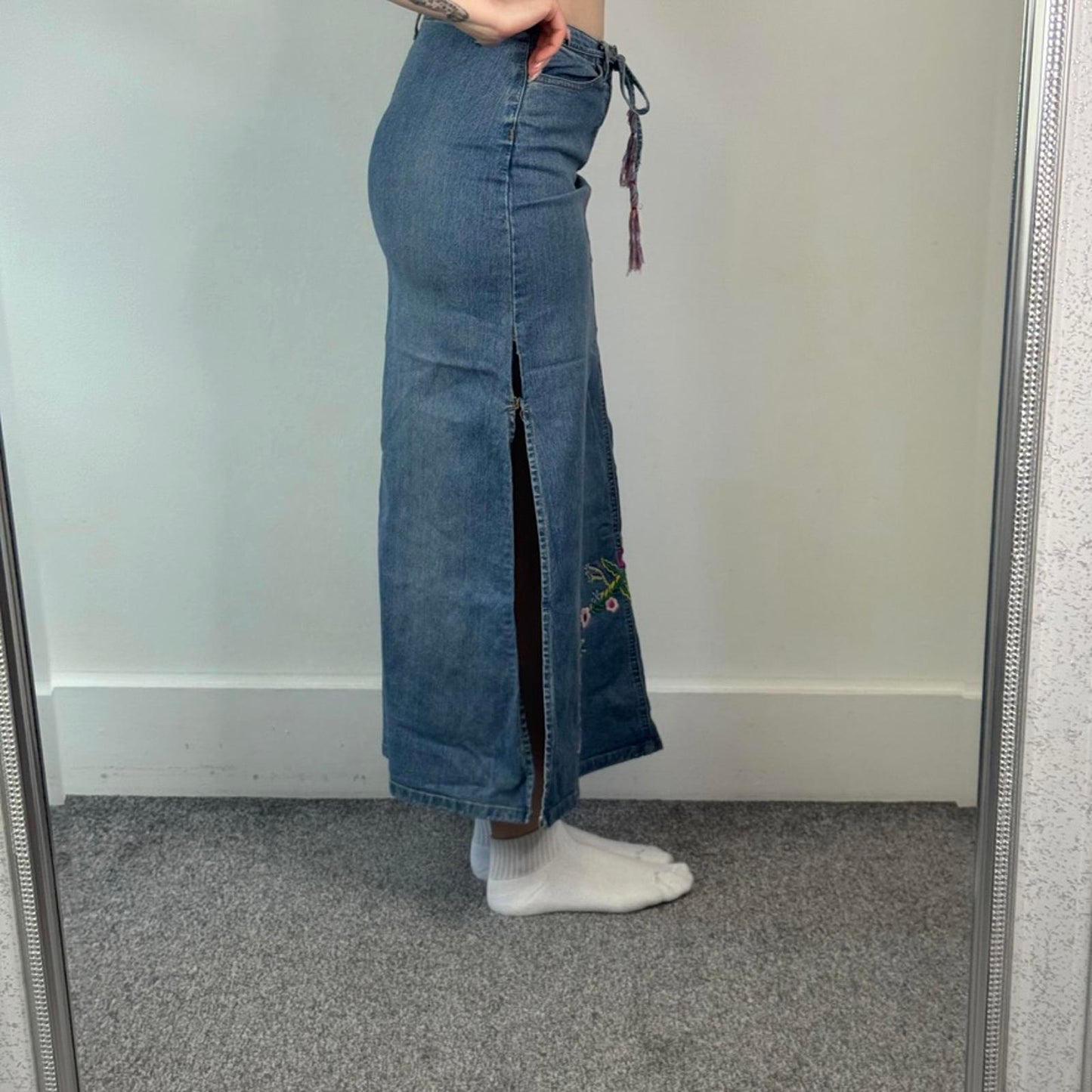 90s Y2K vintage floral embroidery denim maxi skirt thigh split belt light blue