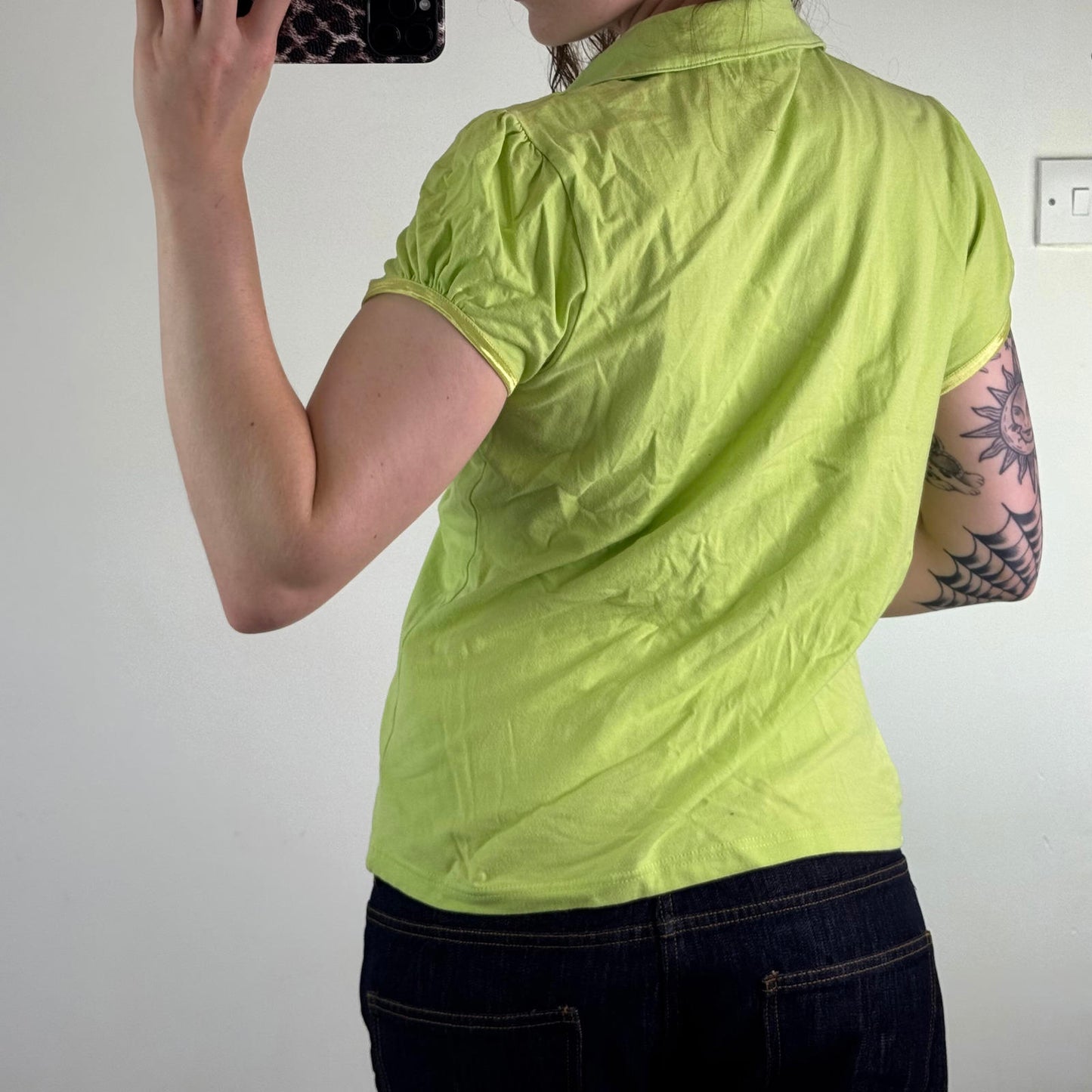 Y2K vintage ruched button up short sleeve polo t shirt bright green v neck