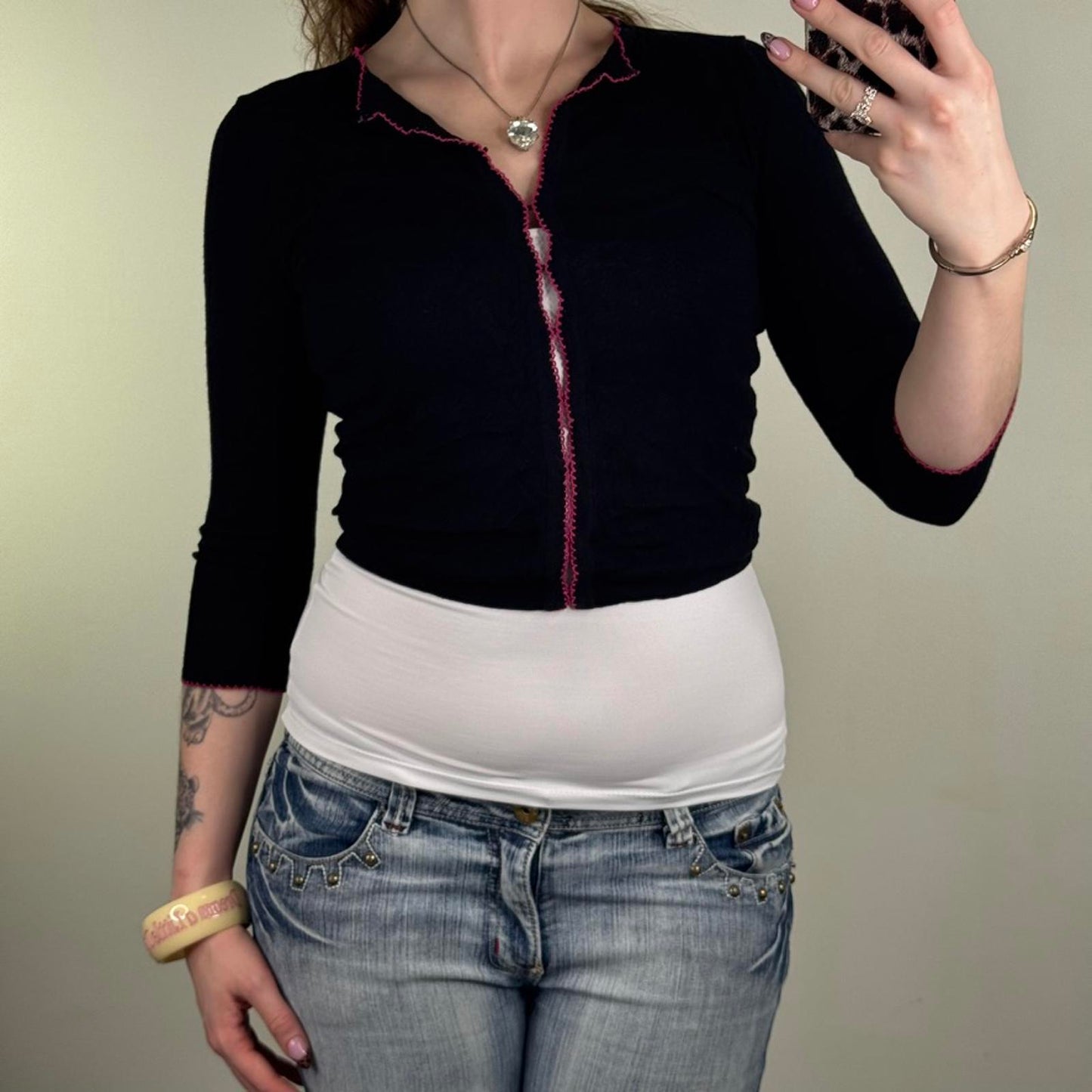 Y2K vintage cardigan 3/4 sleeve hook eye cropped high neck black pink stretchy