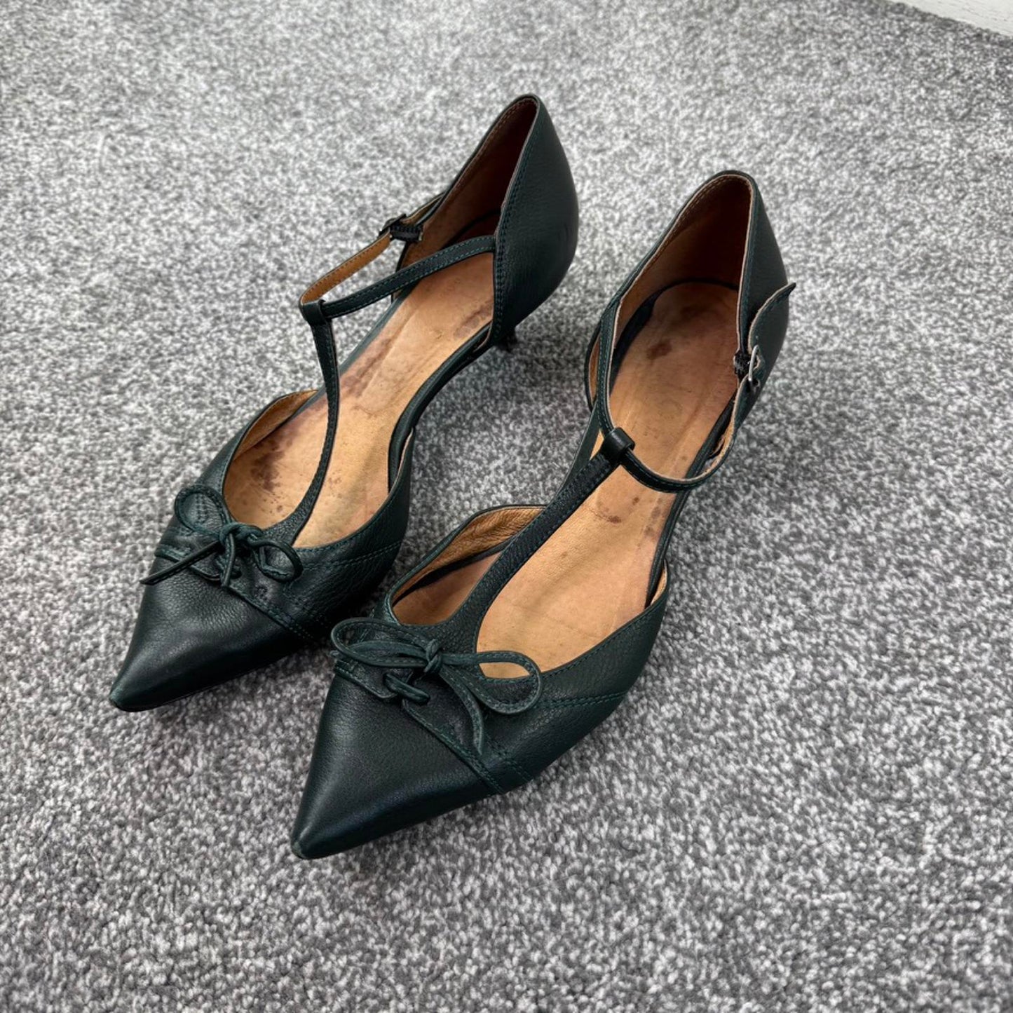 Y2K vintage genuine leather kitten heels pointed toe bow strappy dark green