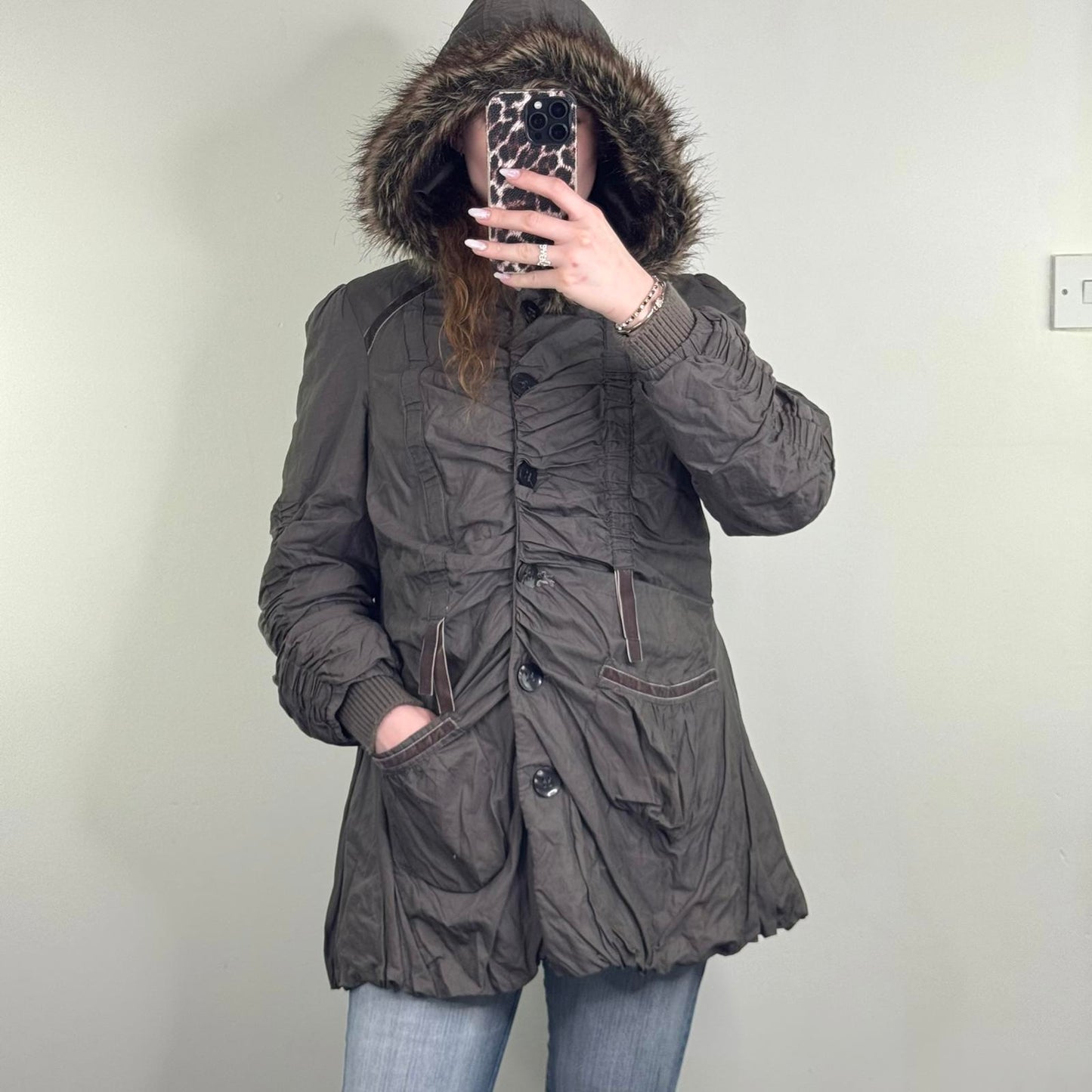Y2K vintage parka coat ruched bow faux fur hood button up coquette brown velvet
