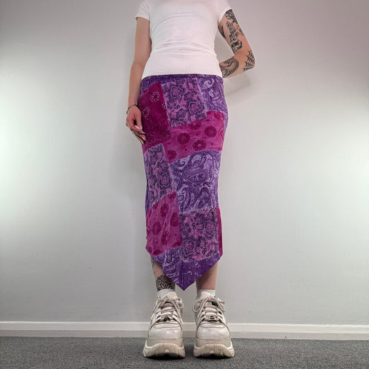 Y2K paisley patchwork hanky hem maxi skirt