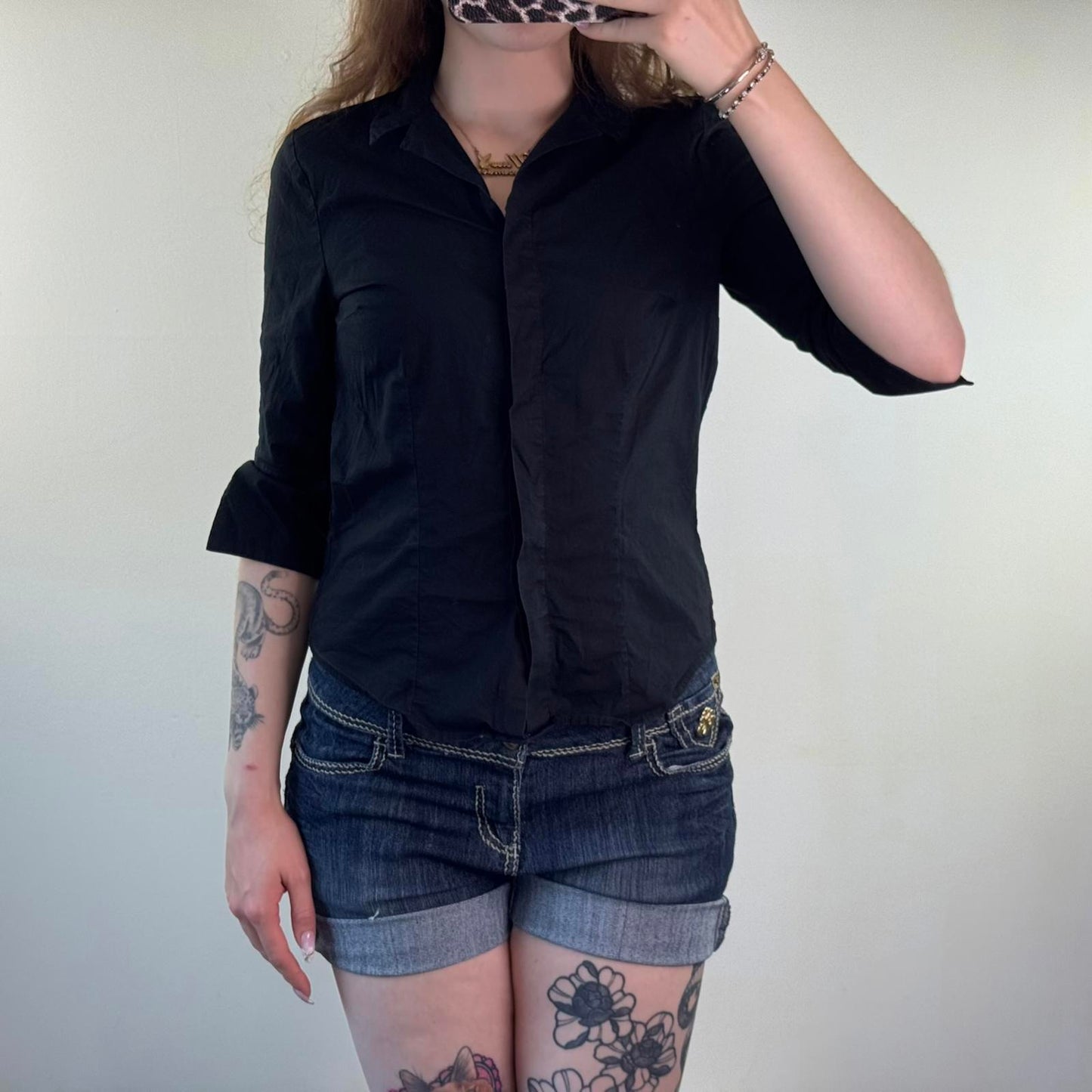 Y2K vintage button up fitted shirt 3/4 sleeve v neck work office formal