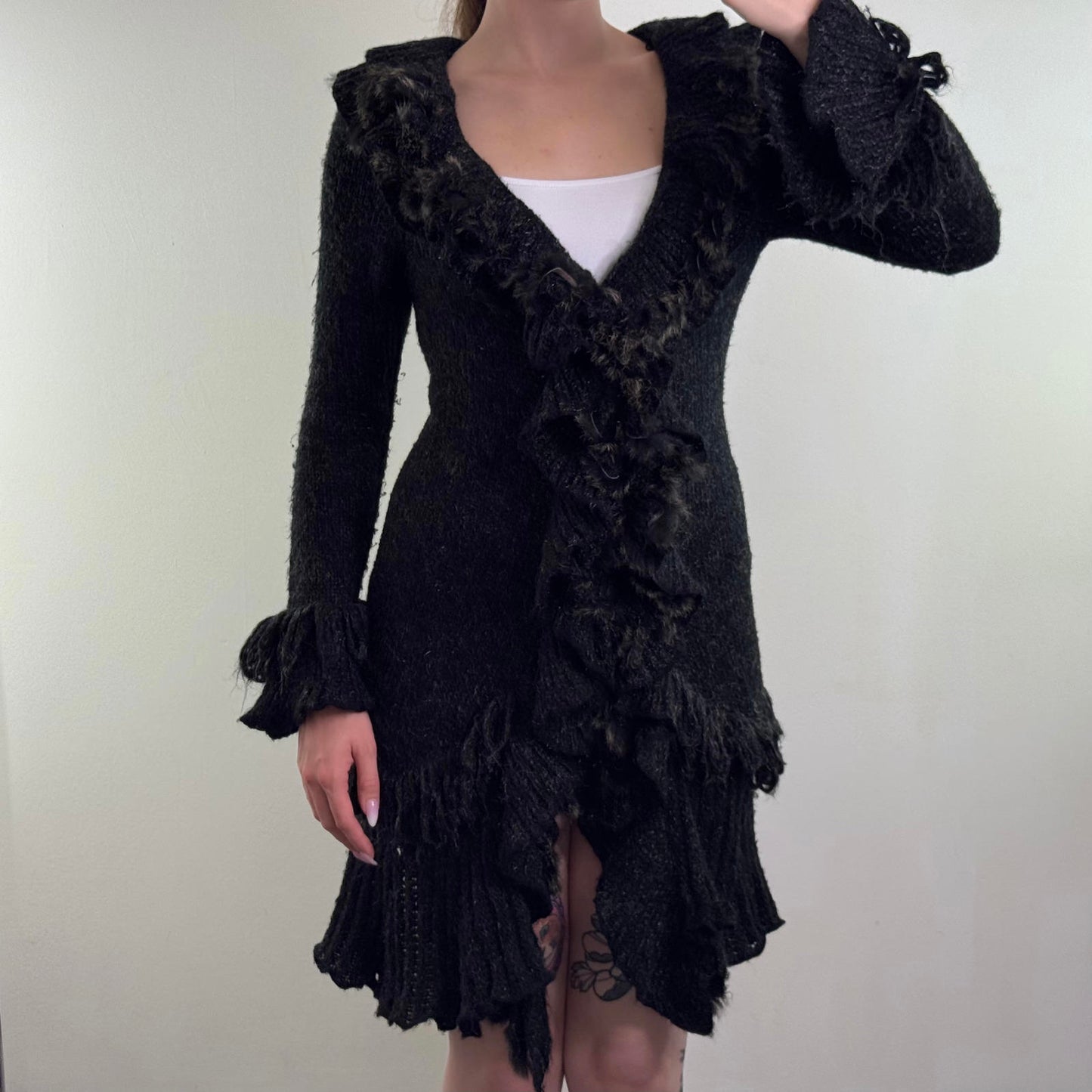 Y2K vintage wool mohair blend cardigan genuine fur ruffle trim long length