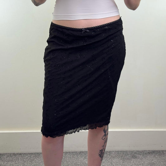 Y2K vintage Bay sparkly glitter midi skirt stretchy low rise bow floral