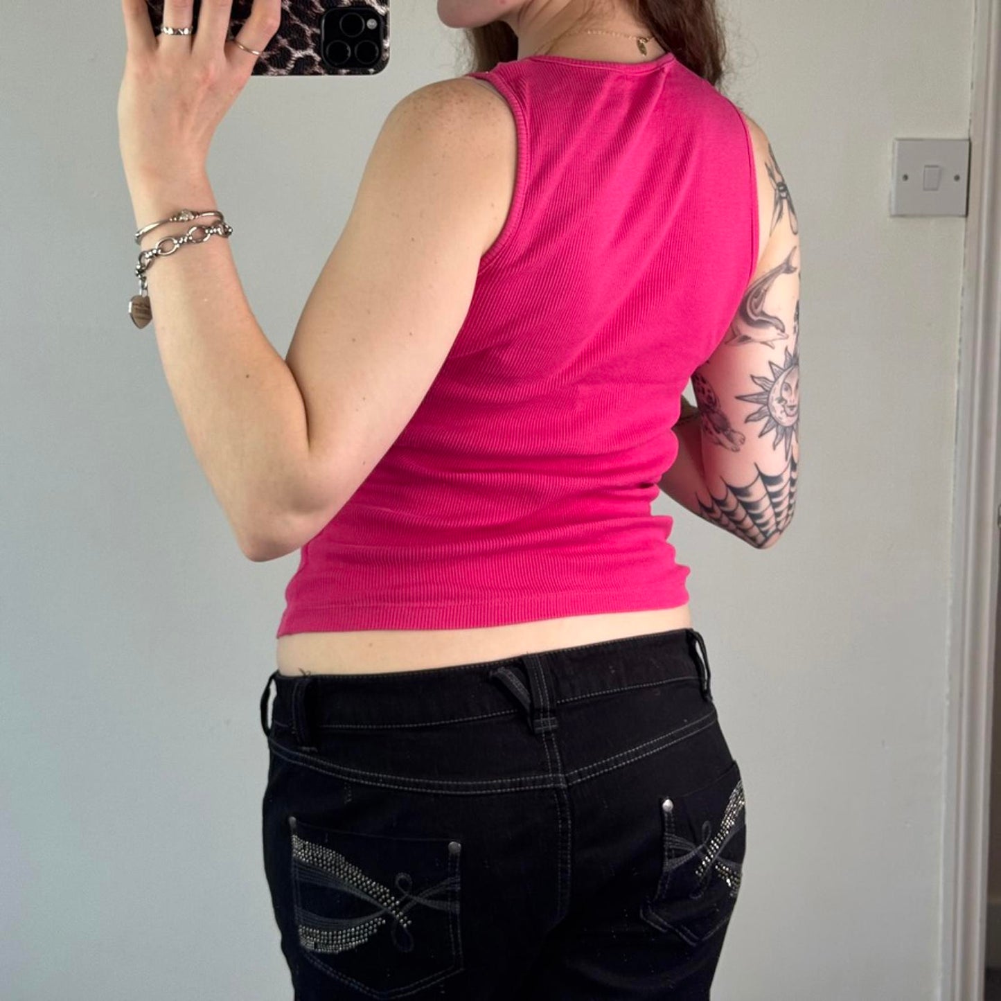 Y2K vintage hot pink tank top rhinestone round neckline ribbed stretchy basic