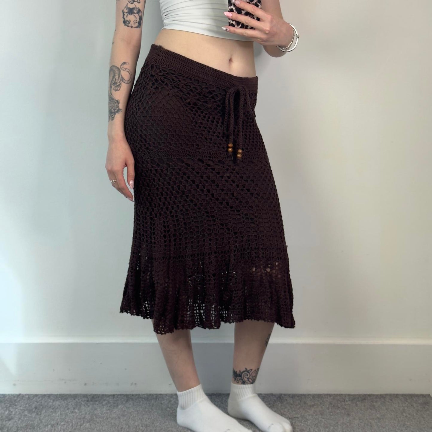 Y2K vintage floral crochet midi skirt fishtail beaded summer holiday festival