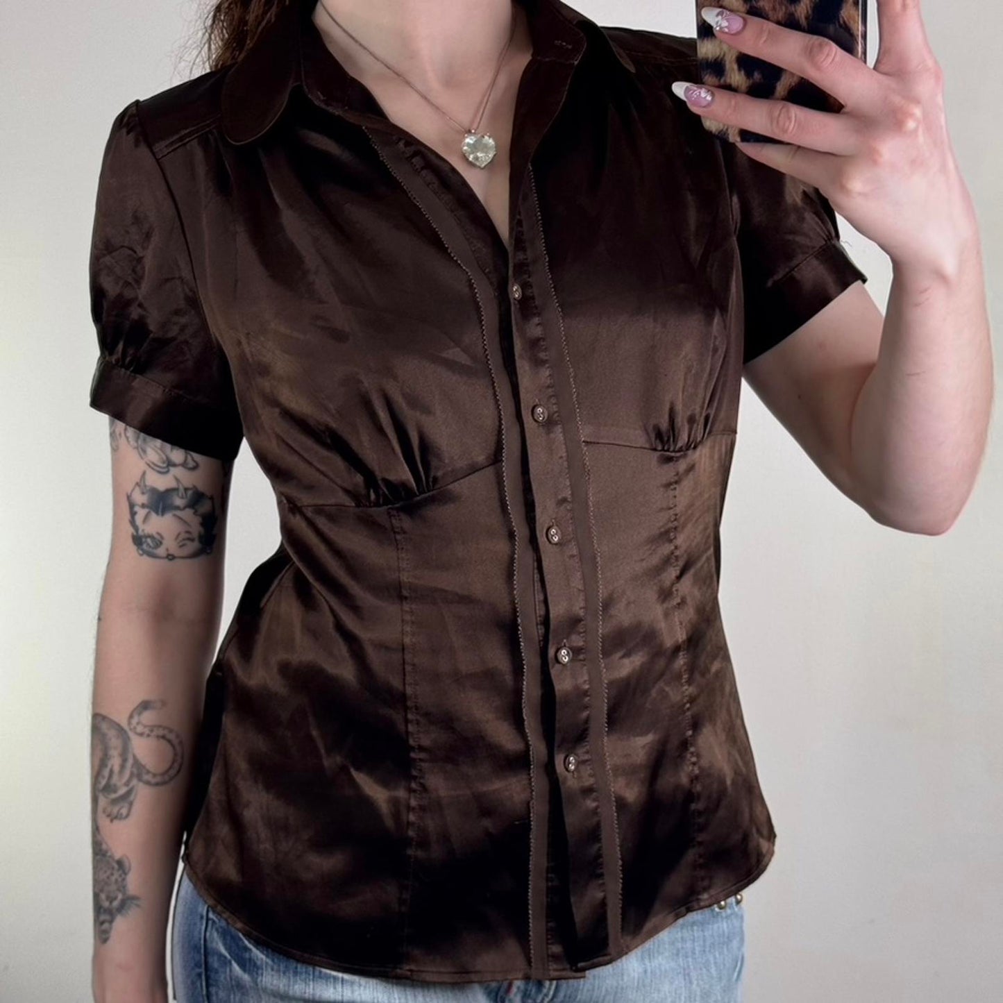 Y2K vintage blouse button up fitted cap short sleeve satin ruched shirt brown