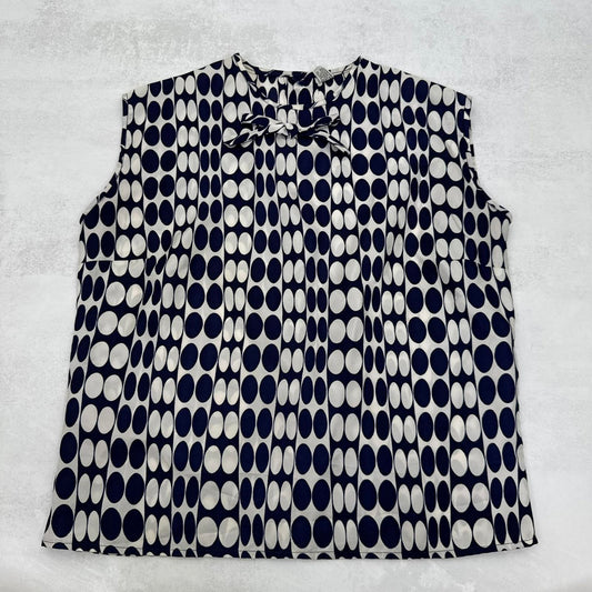 1960s true vintage sleeveless blouse spotty pattern bow button up navy white