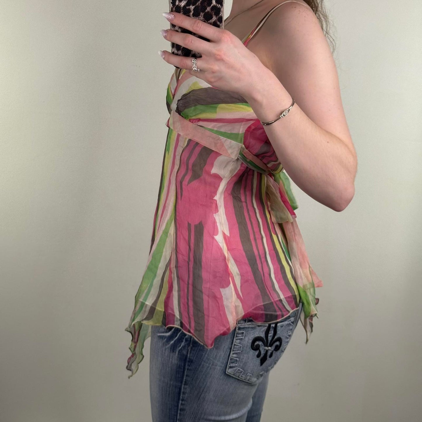 Y2K vintage 100% silk blouse bow asymmetrical bow fairy stripe pattern multi