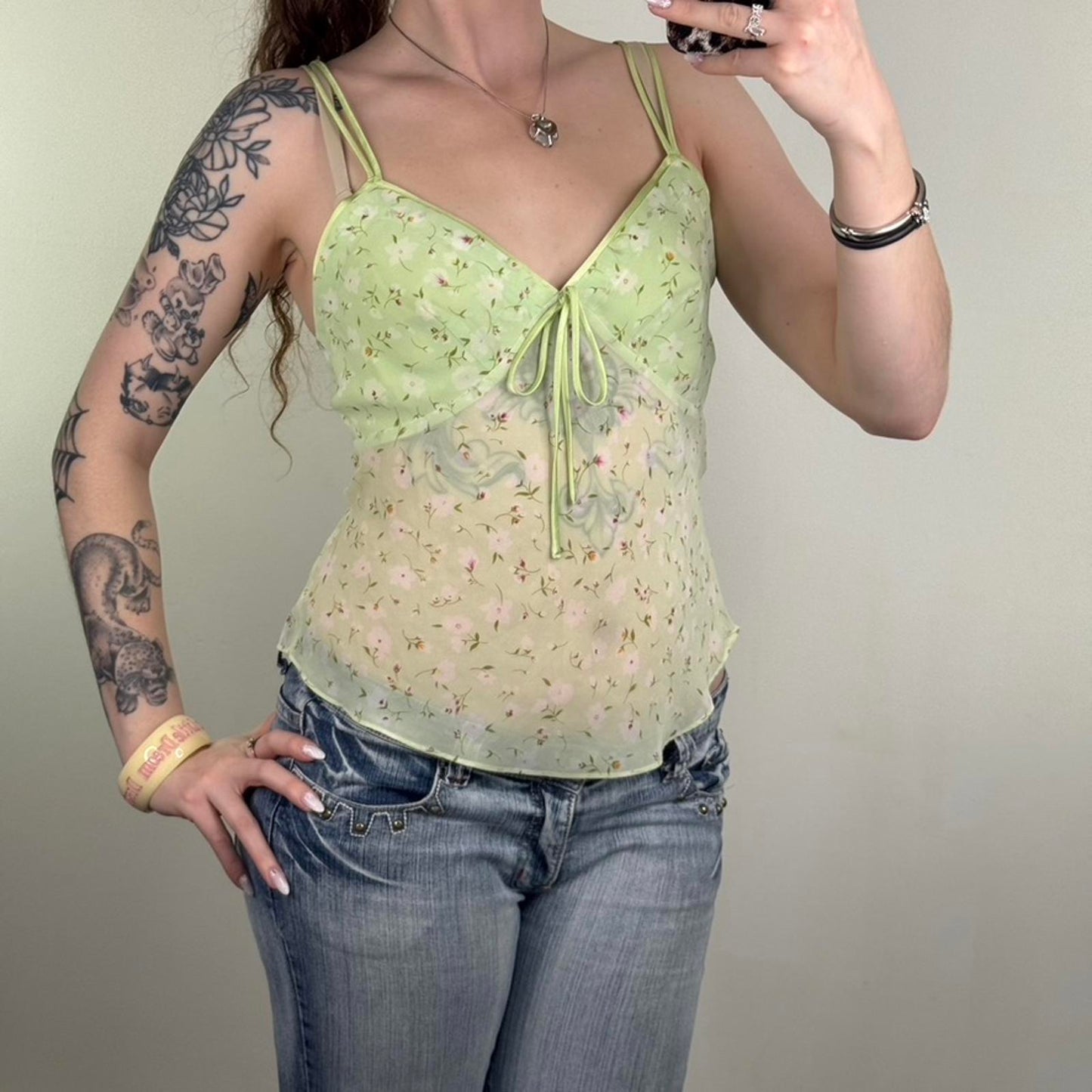 Y2K vintage ditsy floral cami top sheer bow flowy floaty flowers strappy green