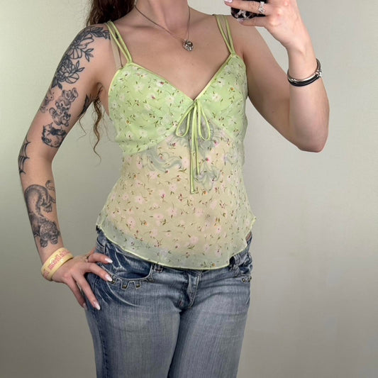 Y2K vintage ditsy floral cami top sheer bow flowy floaty flowers strappy green