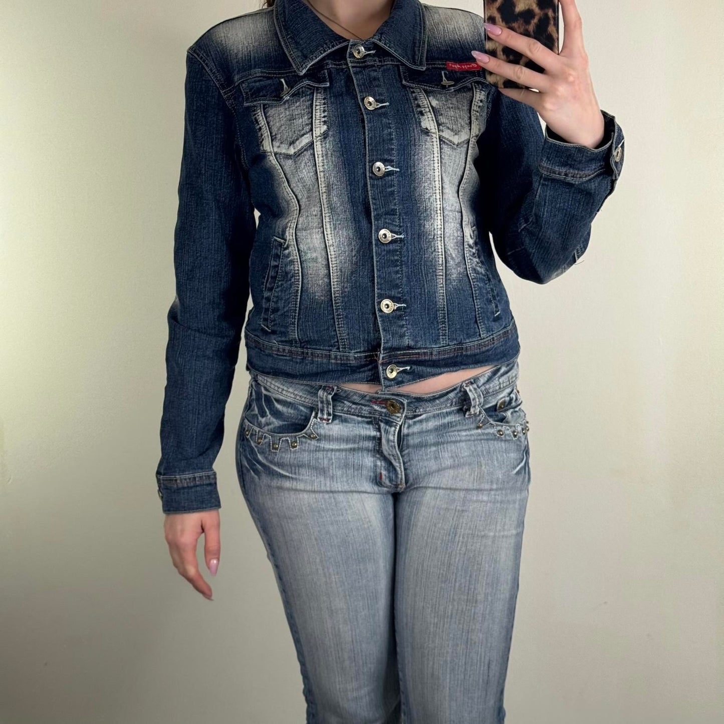 Y2K vintage Crazy Age denim jacket button up panther embroidery stretchy