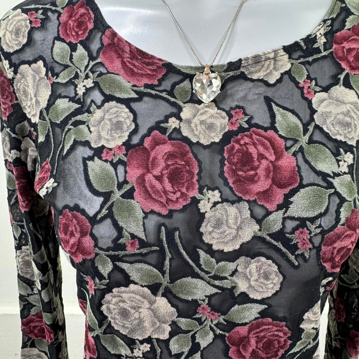 Y2K vintage mesh long sleeve top floral rose pattern sheer stretchy whimsigoth