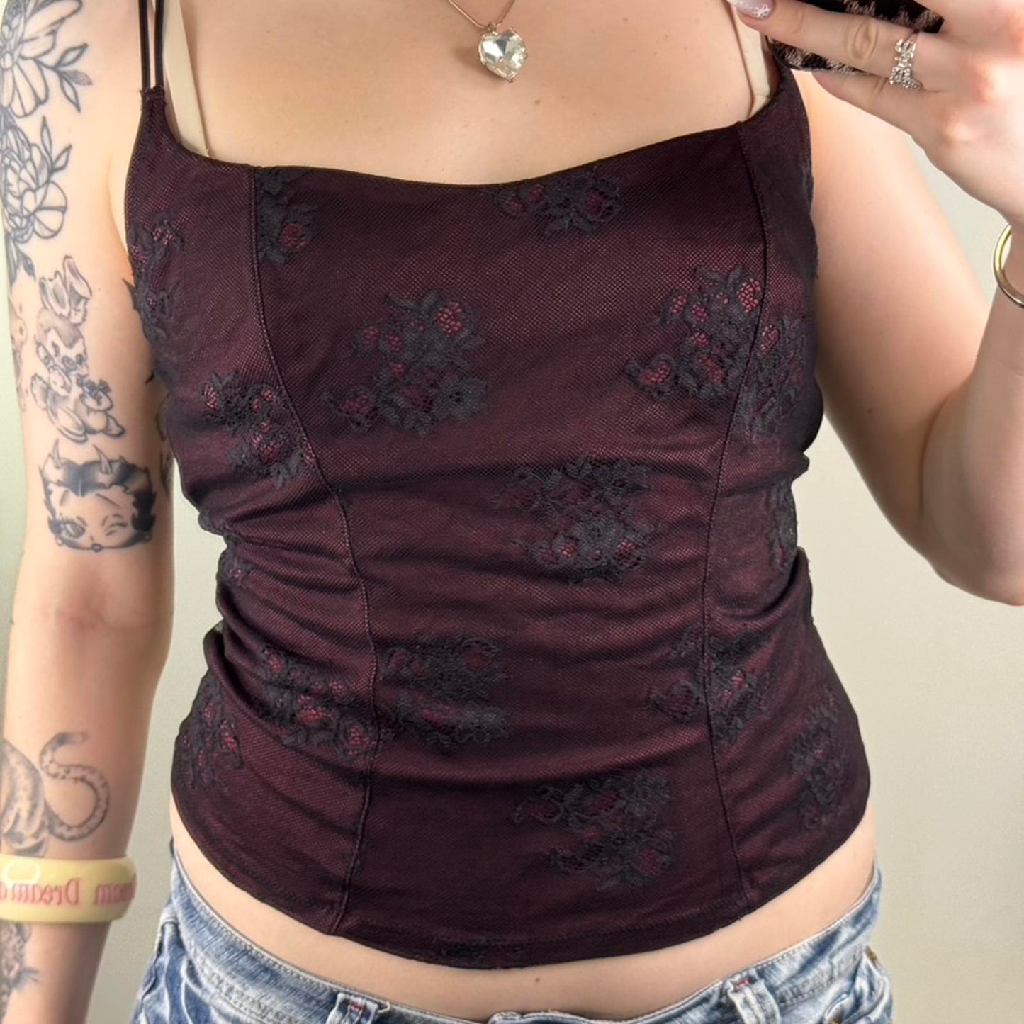 Y2K vintage mesh cami top floral sheer strappy stretchy burgundy black