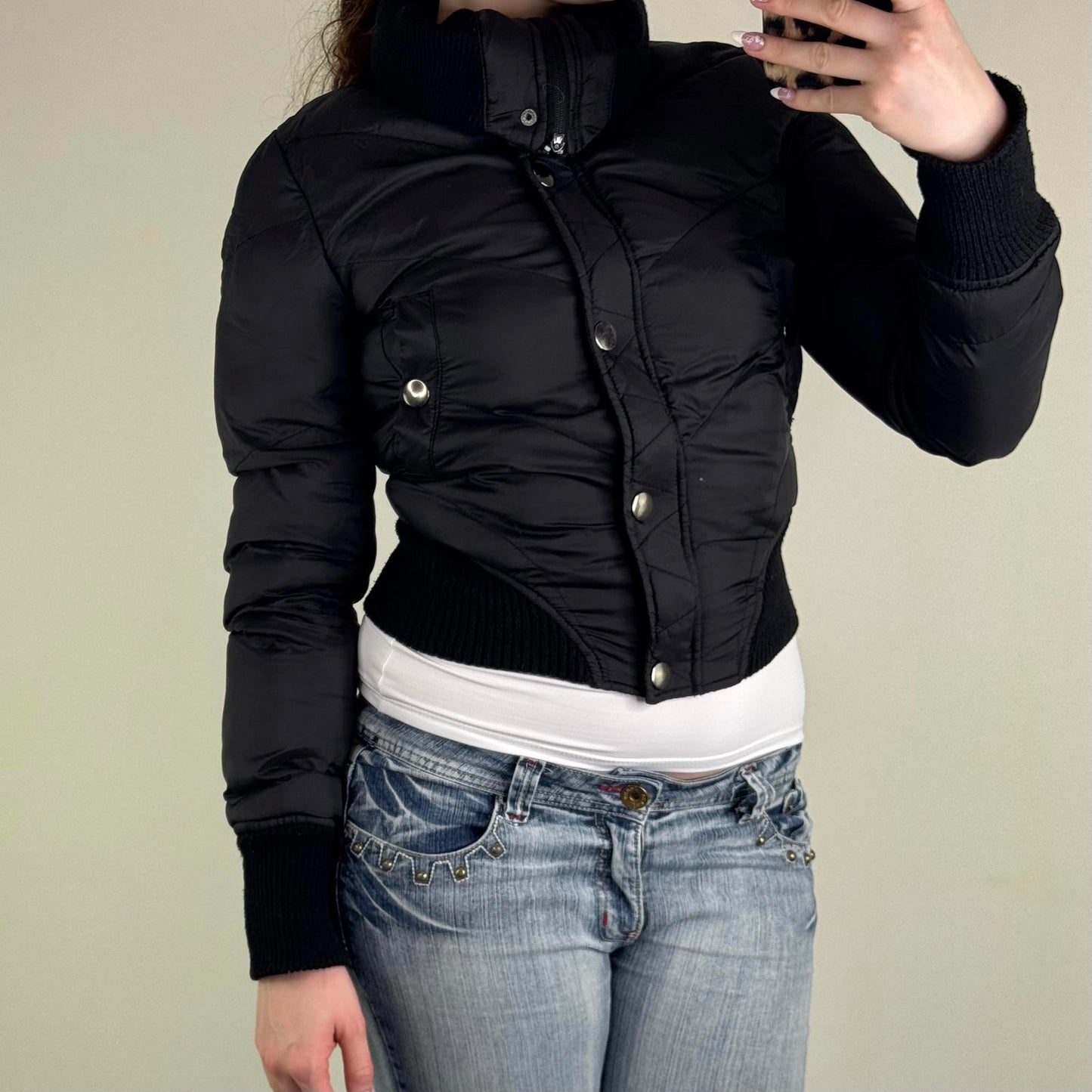 Y2K vintage zip up bomber jacket cropped short length high neck puffer
