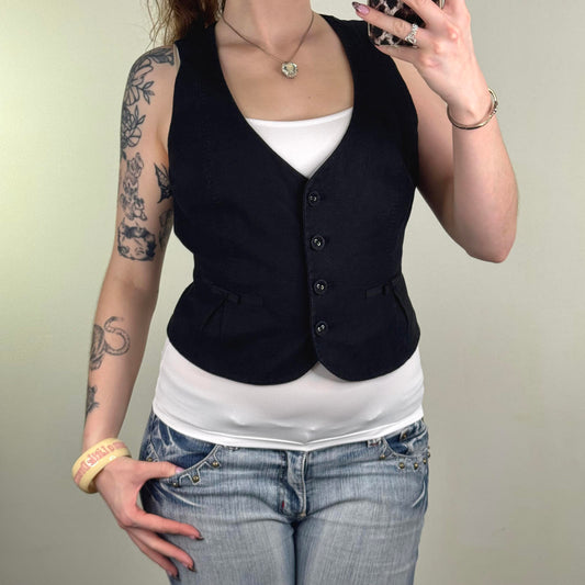Y2K vintage linen blend waistcoat top v neck button up black bow fitted black