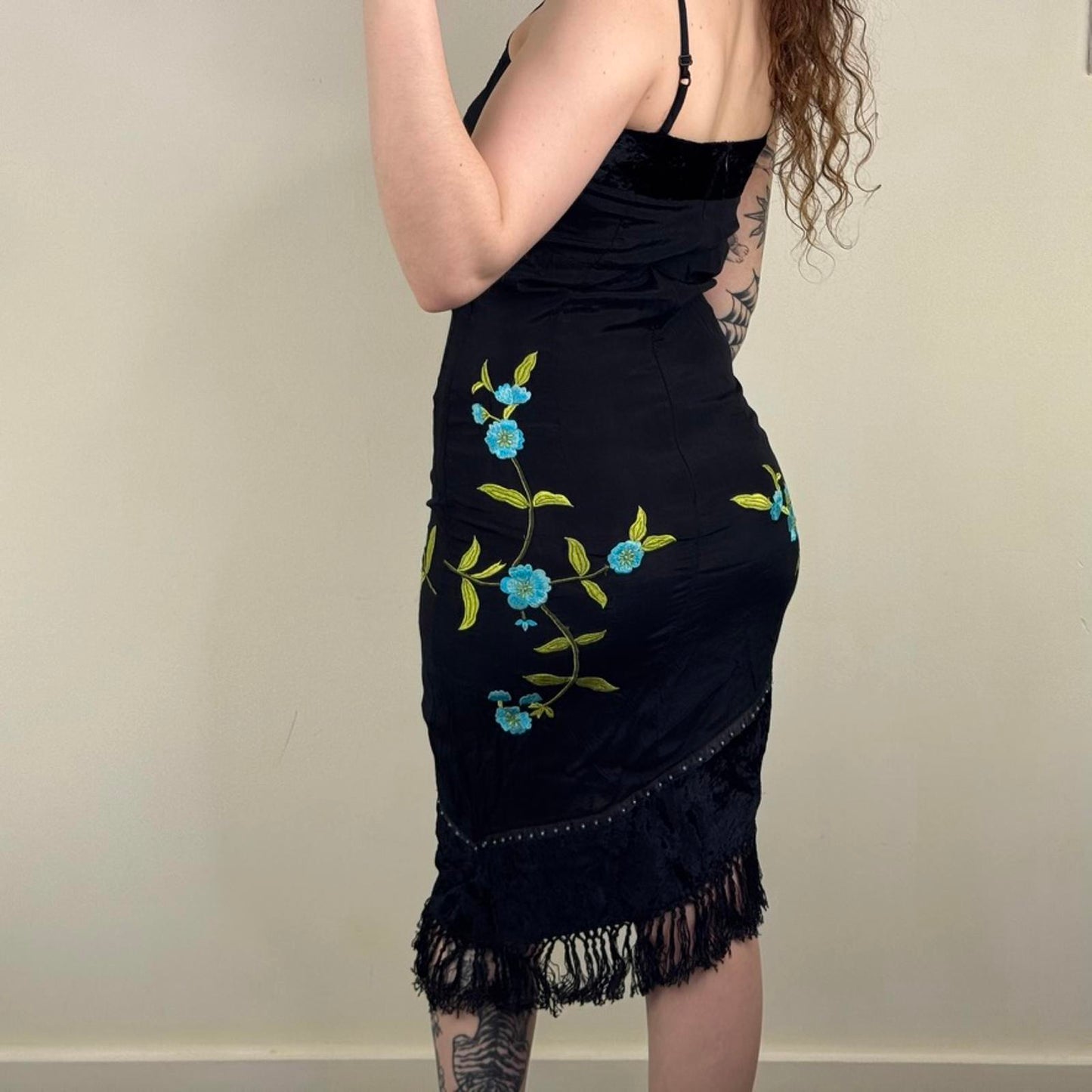 Y2K vintage midi dress asymmetrical floral embroidery fringe beaded velvet trim