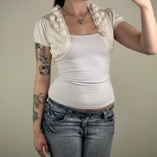 Y2K vintage cropped cardigan 3D rose floral shrug shawl open front white