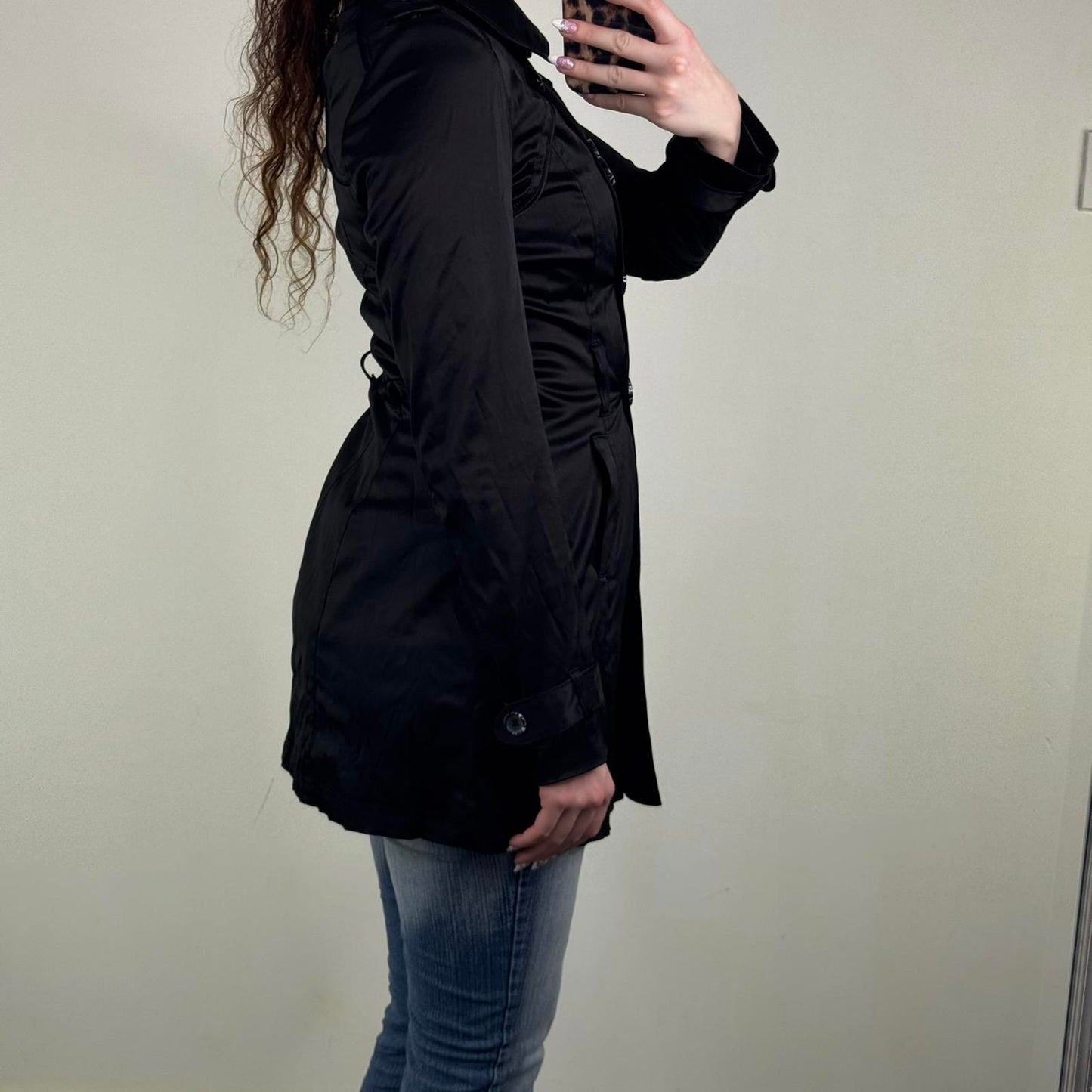 Vintage Jane Norman trench jacket short black satin button up double breasted