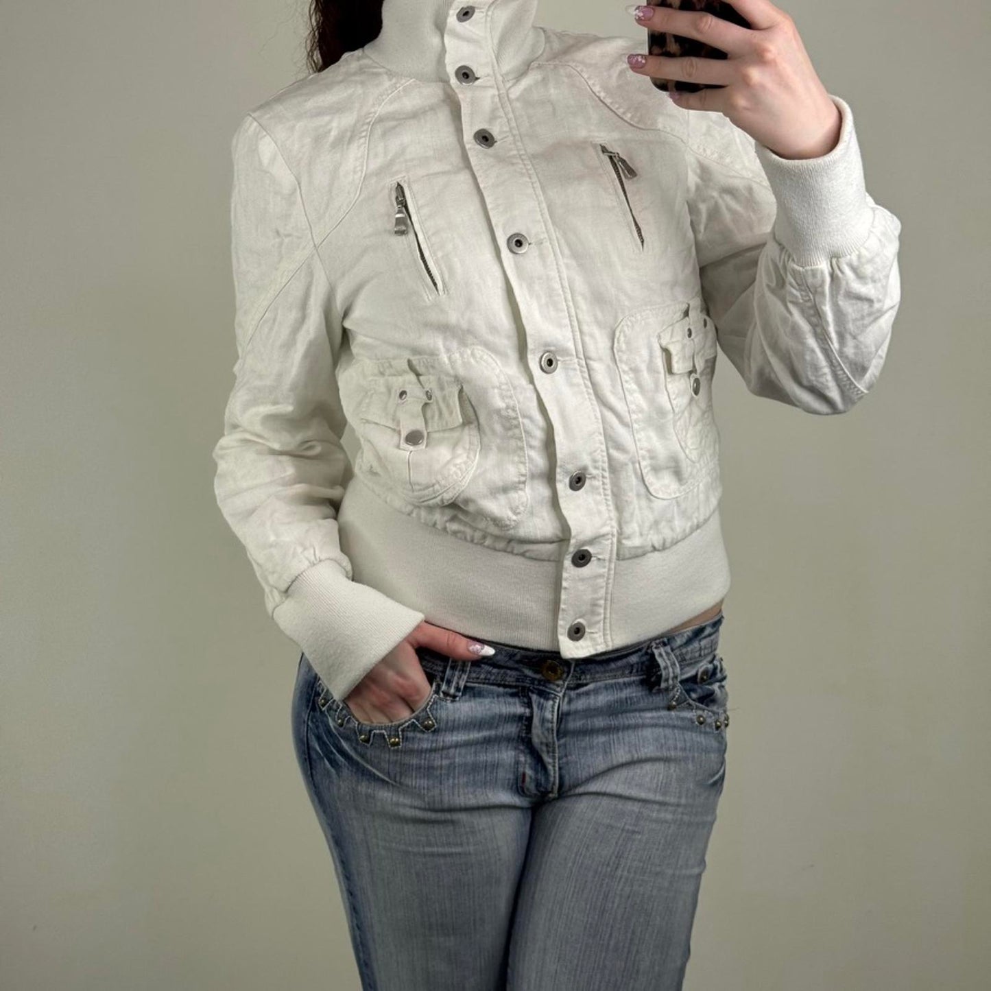 Y2K vintage Ted Baker linen bomber jacket button up high neck