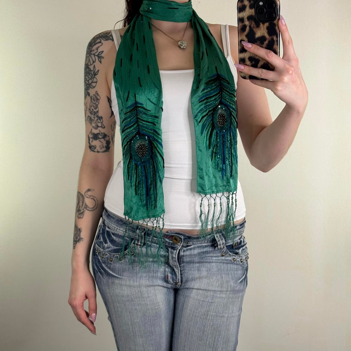 Y2K vintage silk scarf peacock feather beaded sequin fringe lightweight