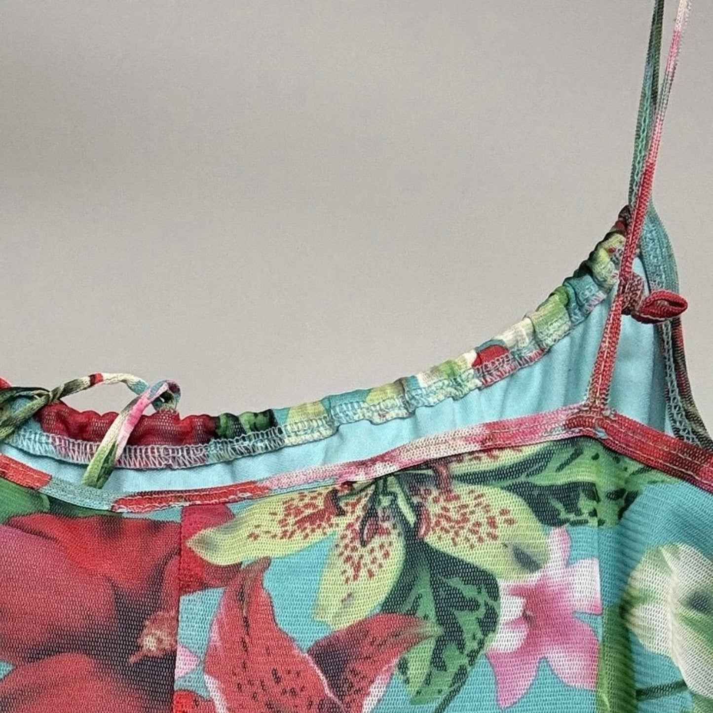 Y2K vintage mesh overlay floral hibiscus lily bow summer midi dress milkmaid