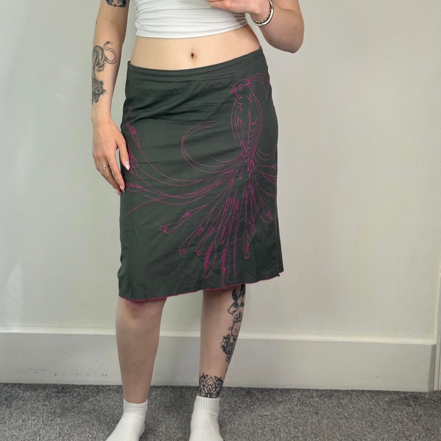 Y2K vintage bird embriodered asyemtriucal hem midi skirt stretch pink/ khaki