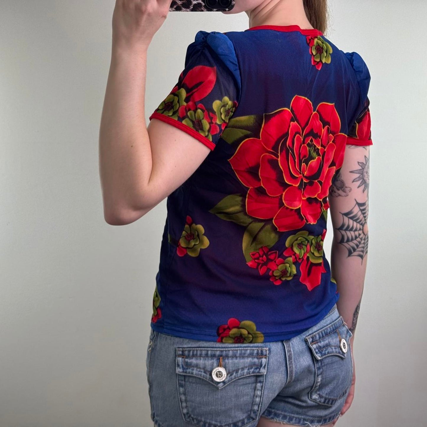 Y2K vintage double mesh stretchy t shirt top rose floral studded puff sleeve