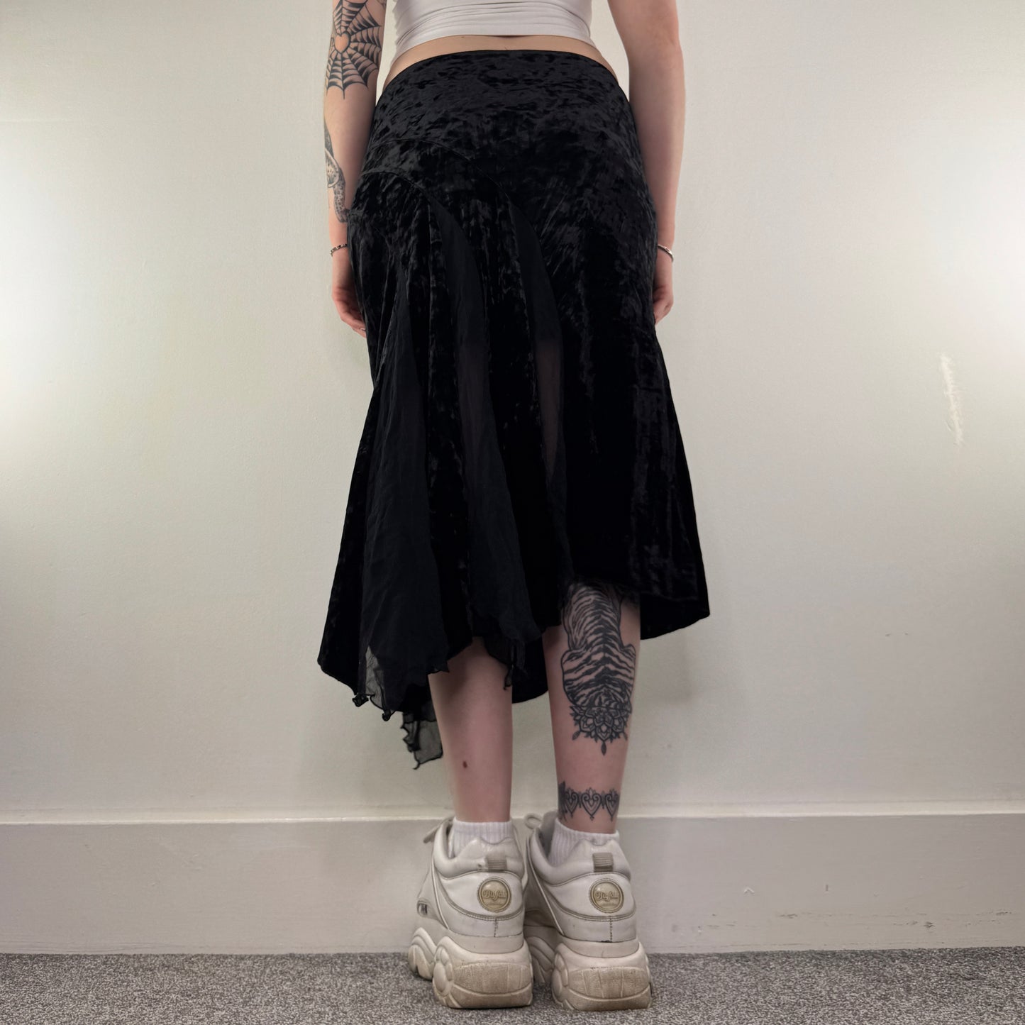 Y2K vintage asymmetrical mesh velvet midi skirt