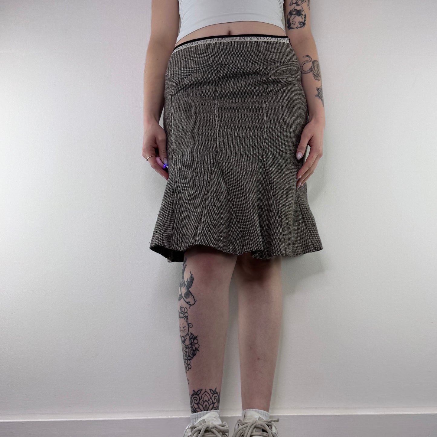 Y2K vintage tweed lace trim midi skirt