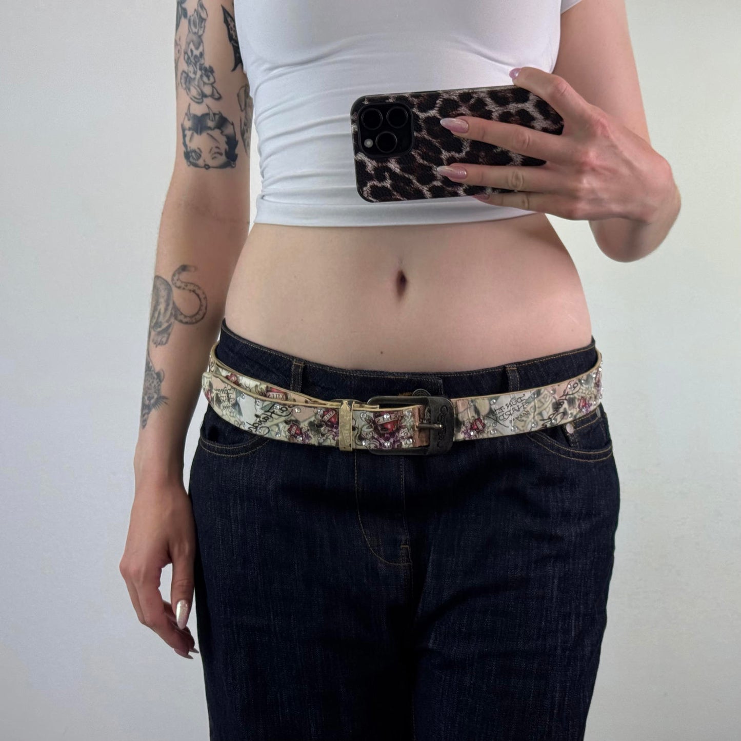 Y2K vintage Ed Hardy faux leather rhinestone belt silver buckle skull heart