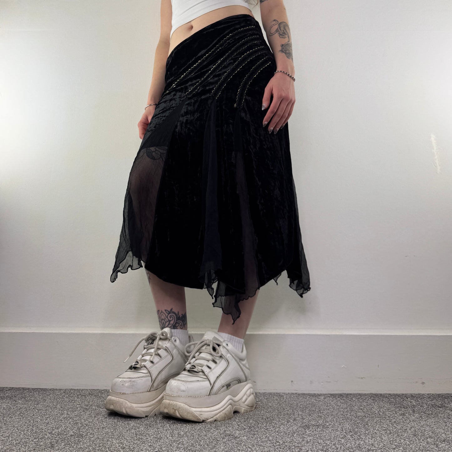 Y2K vintage asymmetrical mesh velvet midi skirt