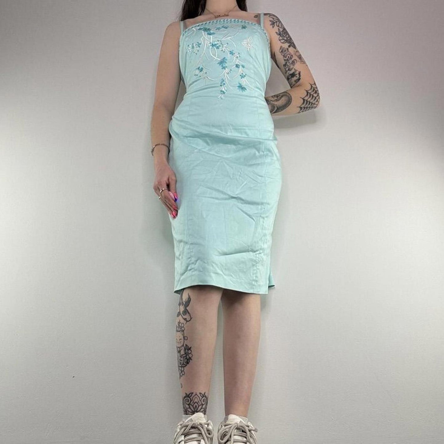 Y2K vintage midi dress floral butterfly embroidered sequin square neckline bead