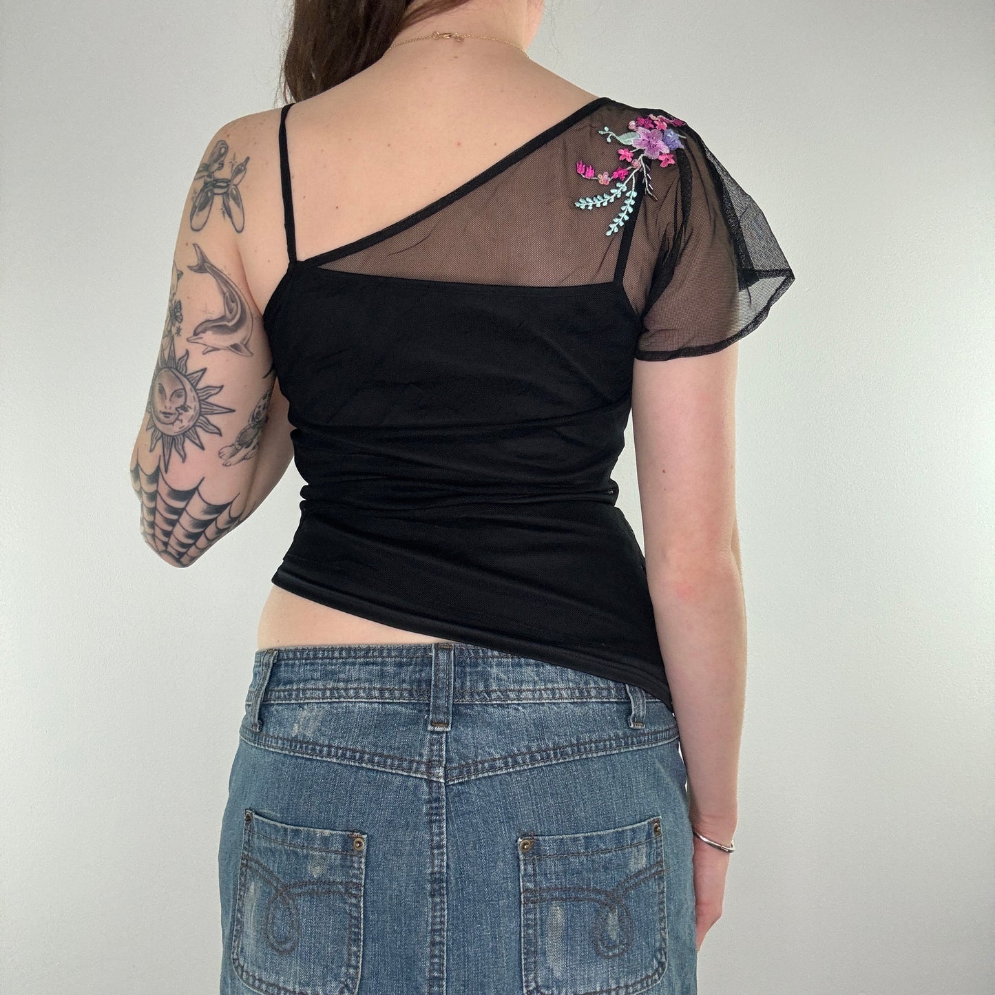 Y2K floral sequin one shoulder mesh top