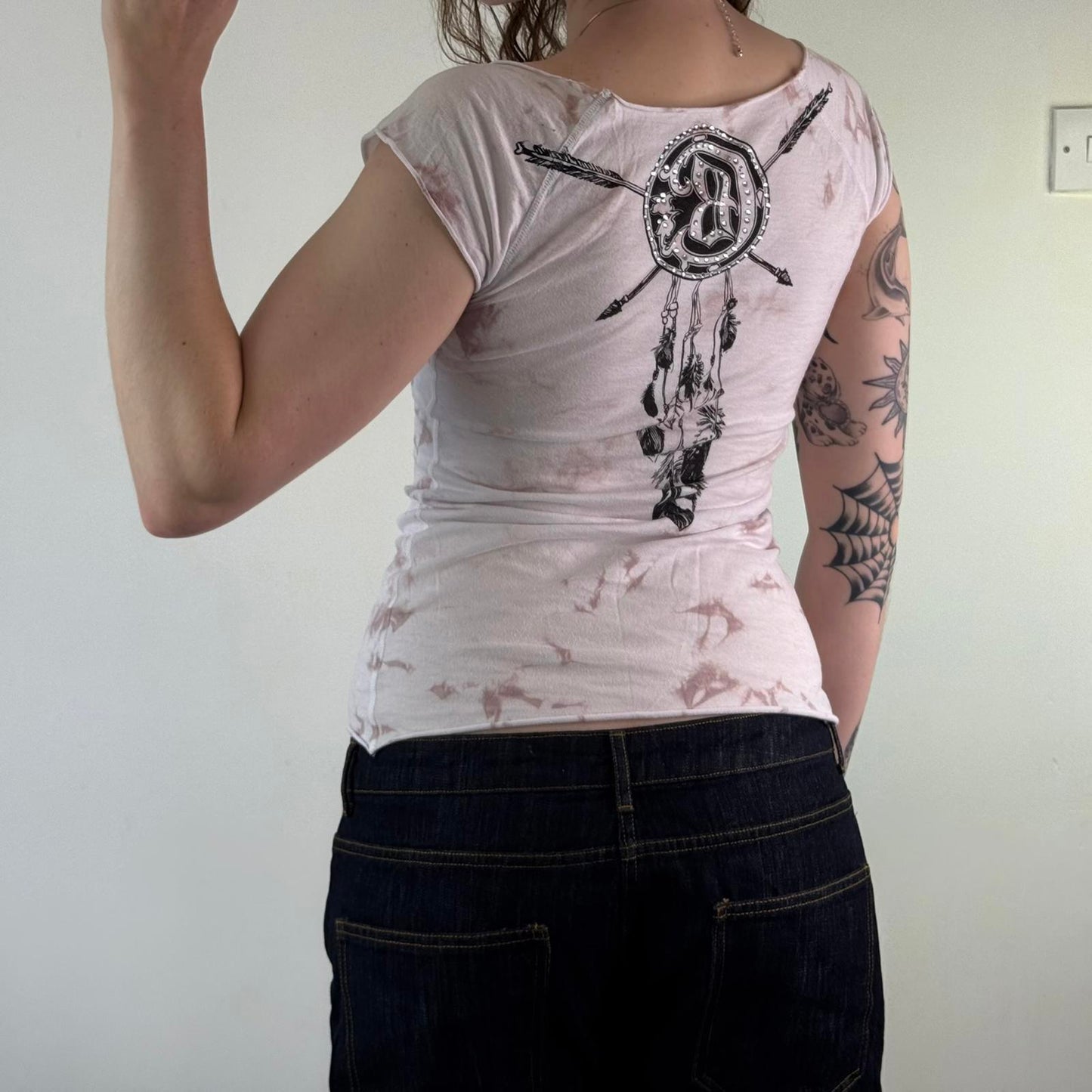 Y2K vintage feather rhinestone tie dye open neck top off the shoulder 2010s