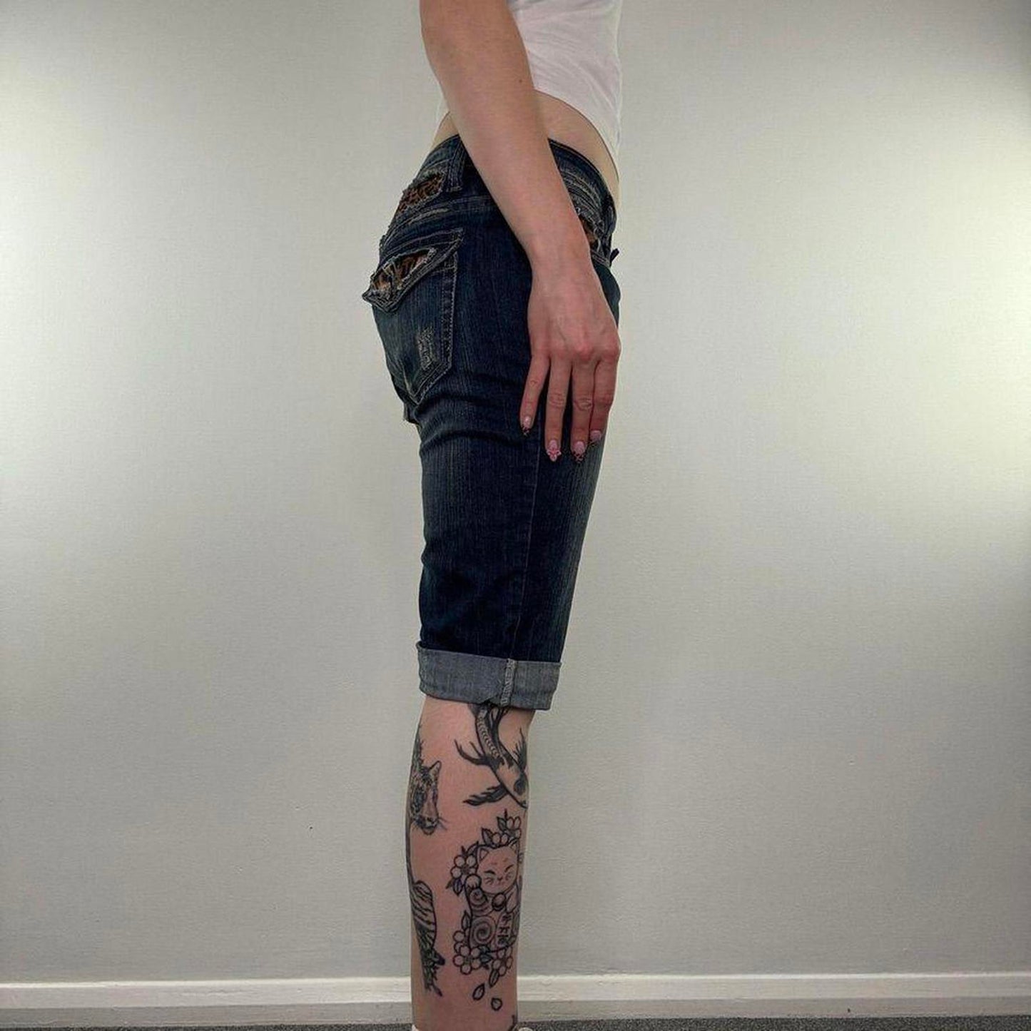 Y2K vintage low rise faded denim capri jeans stretchy satin leopard print