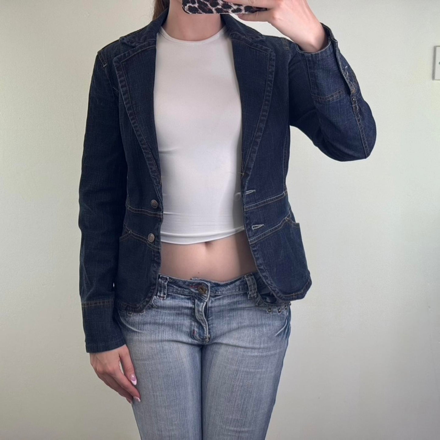 Y2K vintage fitted stretchy denim jacket button up faded wash buttons blazer