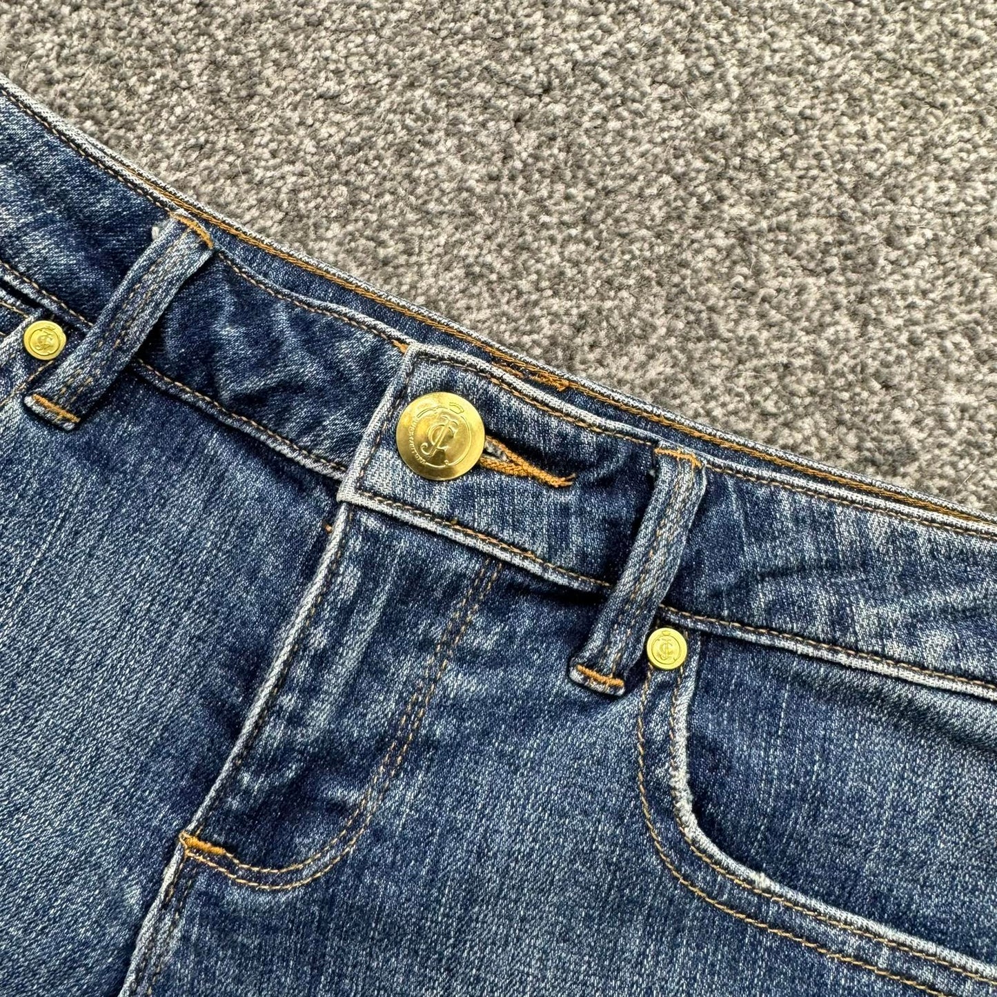 Y2K vintage Juicy Couture low rise denim mini shorts faded fraying hem