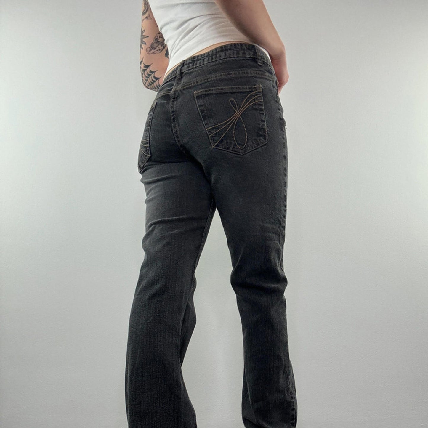 Y2K vintage mid rise grey denim bootcut jeans embroidered pockets