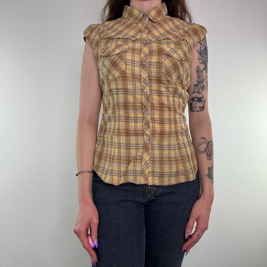 Y2K sleeveless tartan check button up collared shirt