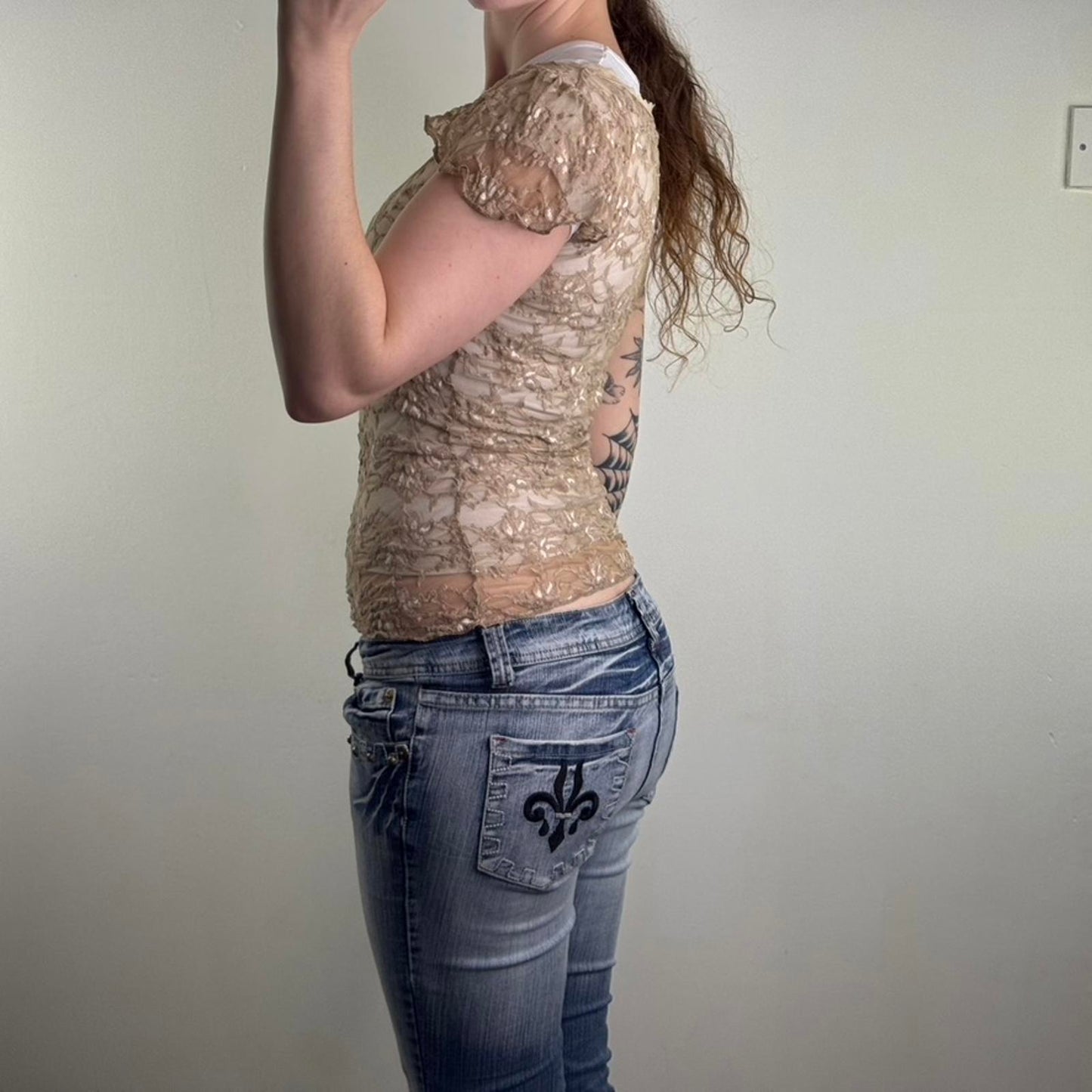 Y2K vintage Per Una mesh floral lace deep v neck top sheer frill short sleeve